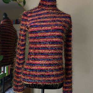 Multicolor Striped Women's Sweater fuzzy cozy mock neck turtleneck cache m